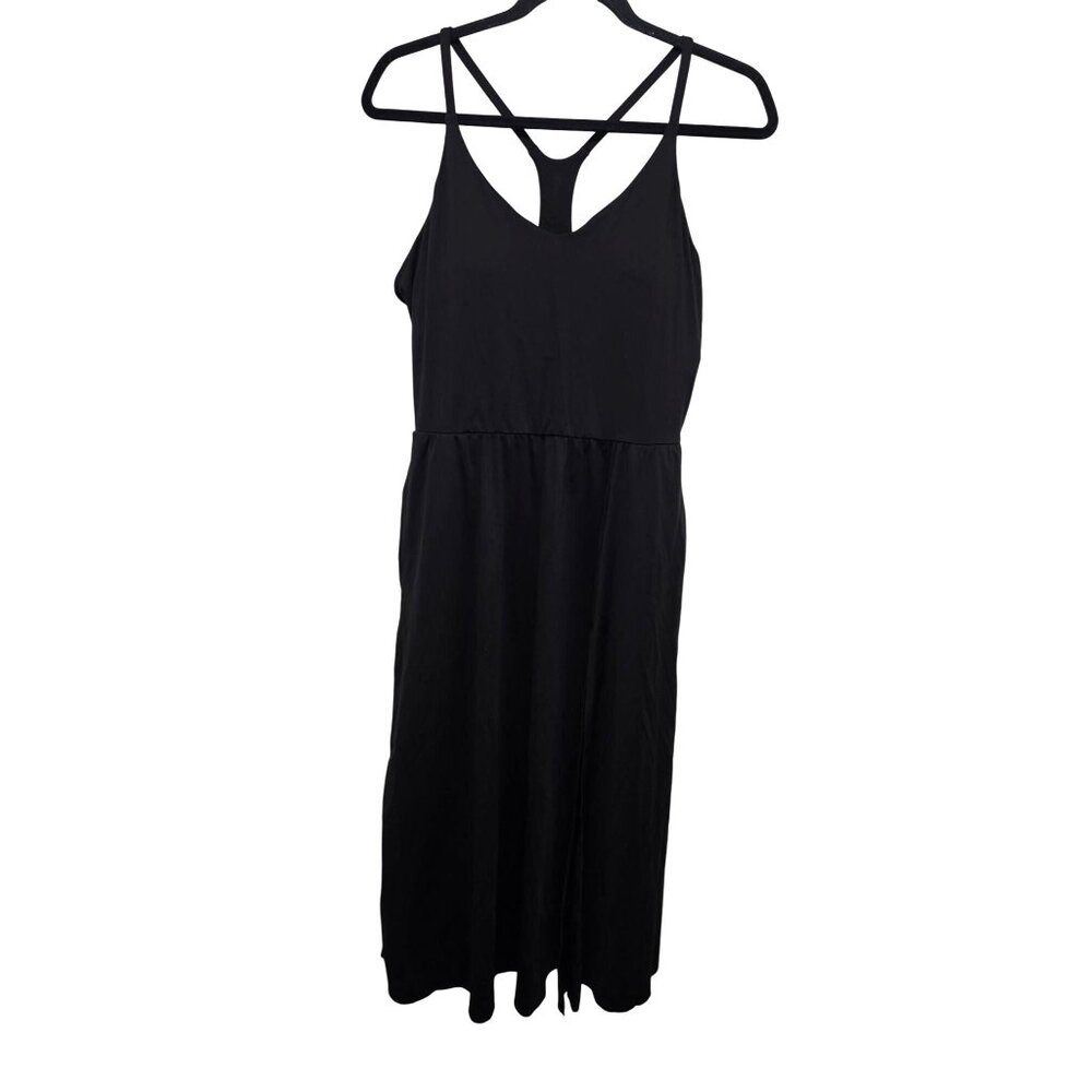 Black Sleeveless Midi Stretch Dress Strappy Back‎ & Side Slit Size L